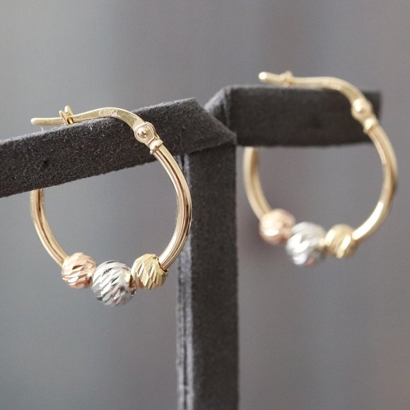 Real Gold 18K Yellow Gold 16mm TriColor Bead Huggie Hoop Earrings Fine Jewelry